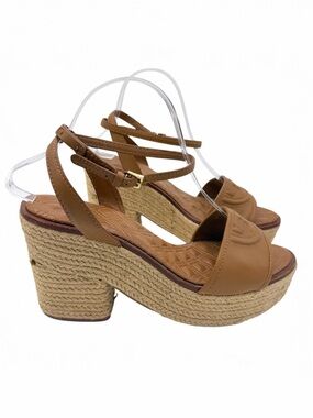 Tory Burch Fleming Nappa Leather 100mm Platform Espadrille Wedge Sandals Tan 10